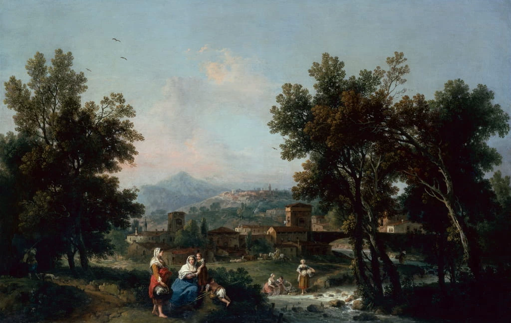 Un paesaggio boscoso con lavandaie vicino a un fiume